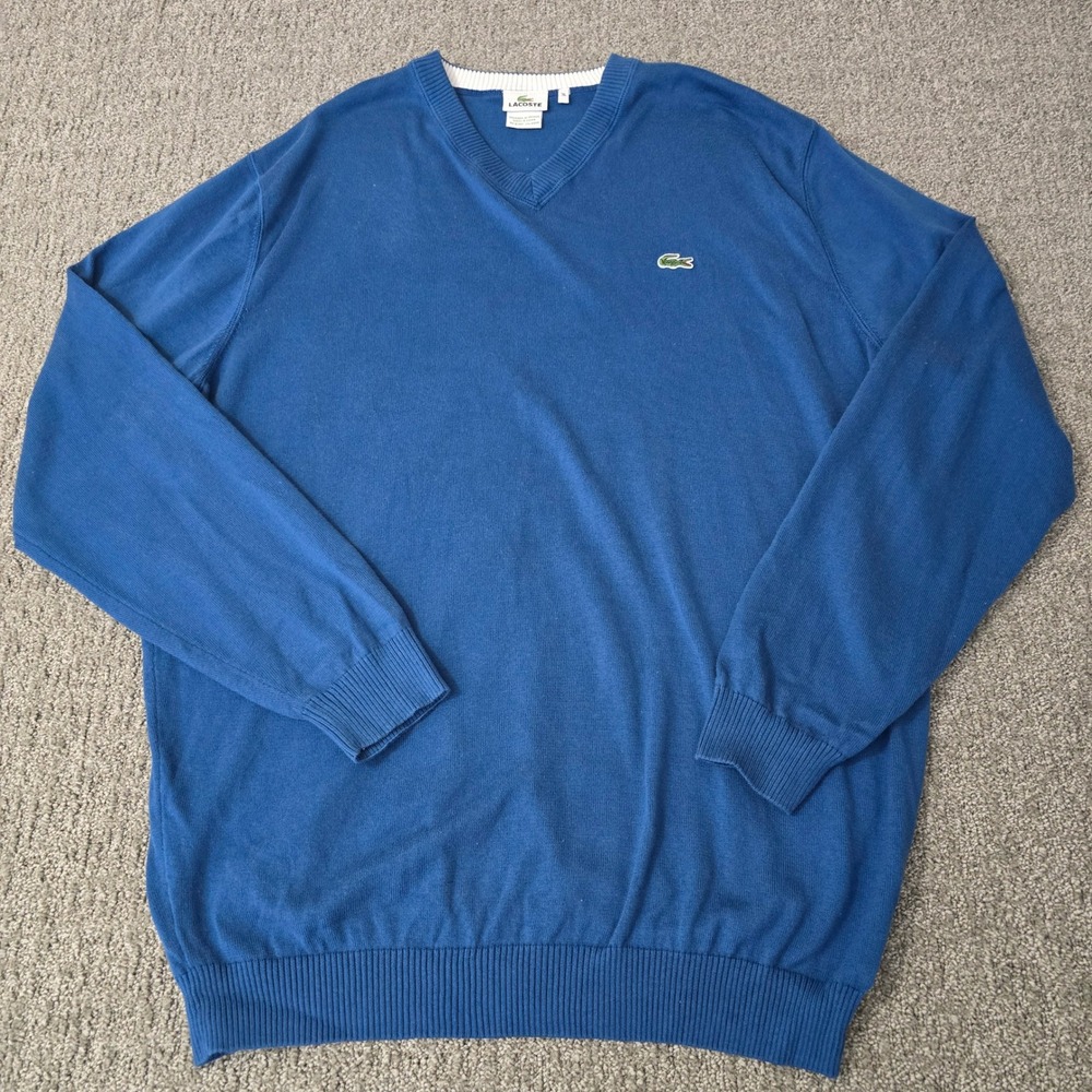 Lacoste Mens 7 XL Blue V Neck Sweater Crocodile Preppy Old Money Tennis